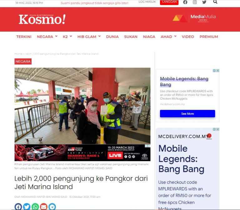 Kosmo Online (15 October 2021) 23 Marina Island Pangkor - Family Vacation in Manjung Perak Kosmo Online (15 October 2021)